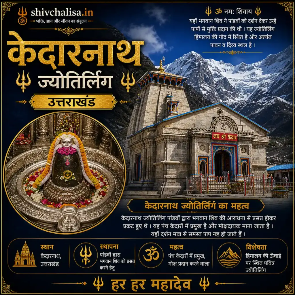 केदारनाथ ज्योतिर्लिंग हिमालय पर्वतों के बीच स्थित मंदिर और शिवलिंग