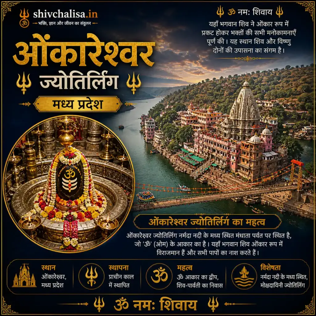 ओंकारेश्वर ज्योतिर्लिंग नर्मदा नदी के बीच ॐ आकार द्वीप पर स्थित मंदिर
