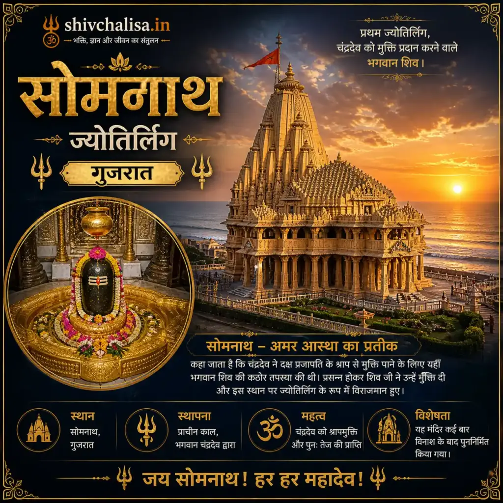 सोमनाथ ज्योतिर्लिंग मंदिर गुजरात समुद्र किनारे स्थित शिवलिंग और मंदिर दृश्य